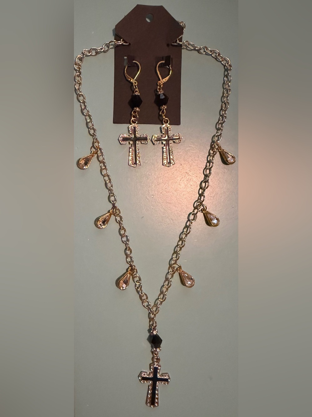 Gold-Tone Black & Crystal Cross with Clear Crystals Necklace & Earring Set